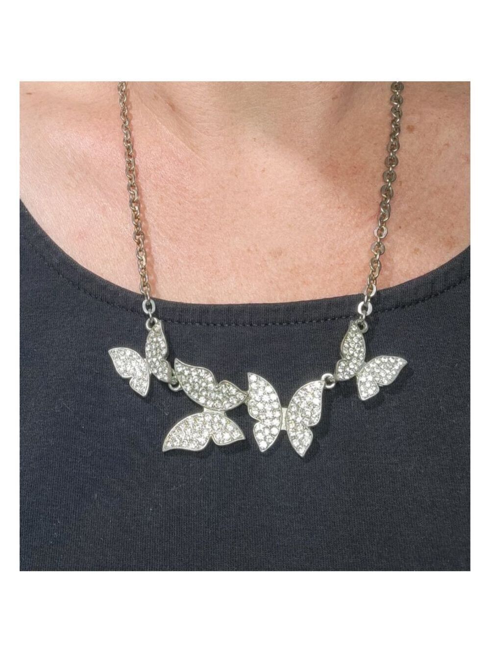 Silver Tone Rhinestone Butterfly Necklace